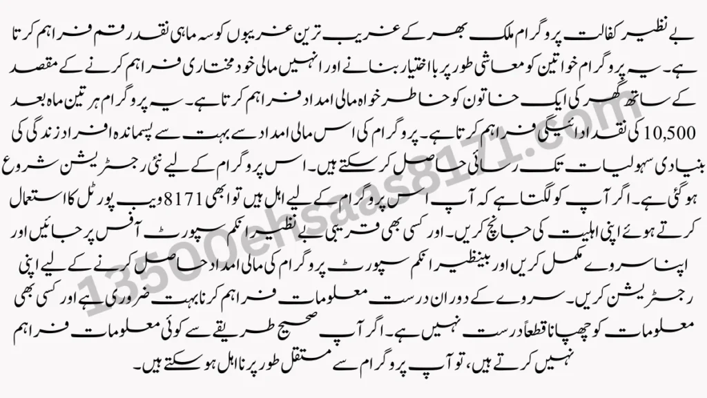 بے نظیر کفالت پروگرام بے نظیر کے دور حکومت میں بنایا گیا تھا تاکہ غریب اور مستحق لوگوں کو خاص طور پر خواتین کو مالی امداد فراہم کی جا سکے۔ بے نظیر انکم سپورٹ پروگرام وسیع پیمانے پر کام کرتا ہے-